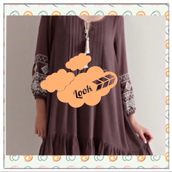 Embroidered Brown Dress with Ruffled Bottom, Size M - Picture 1 of 9